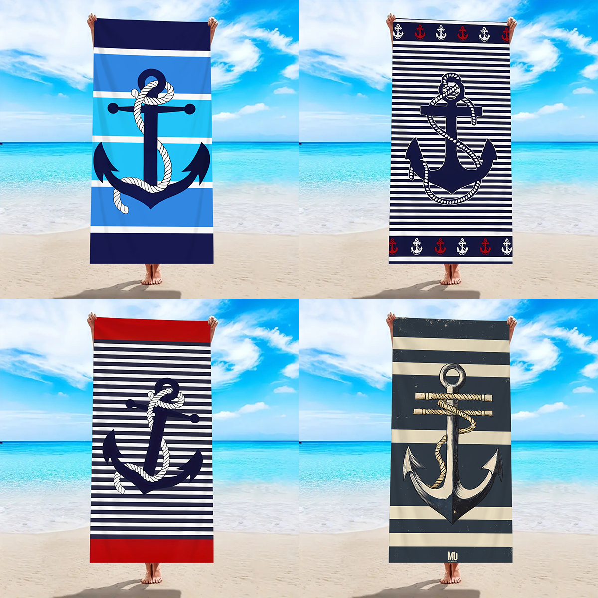 Beach Towel Large - 1pc Sea element stripes, boat anchor