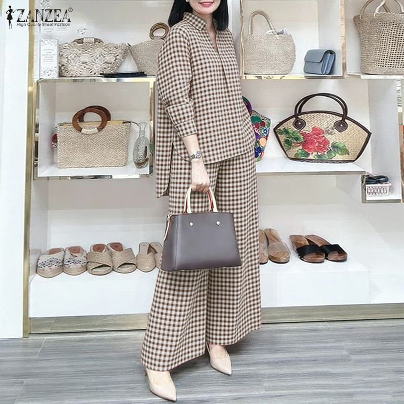 ZANZEA Women's Gingham Pant Su - Shirt Camp Collar ulasan dan harga