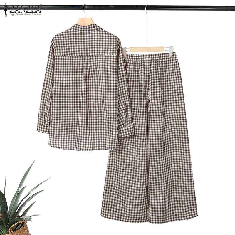 ZANZEA Women's Gingham Pant Su - Shirt Camp Collar ulasan dan harga