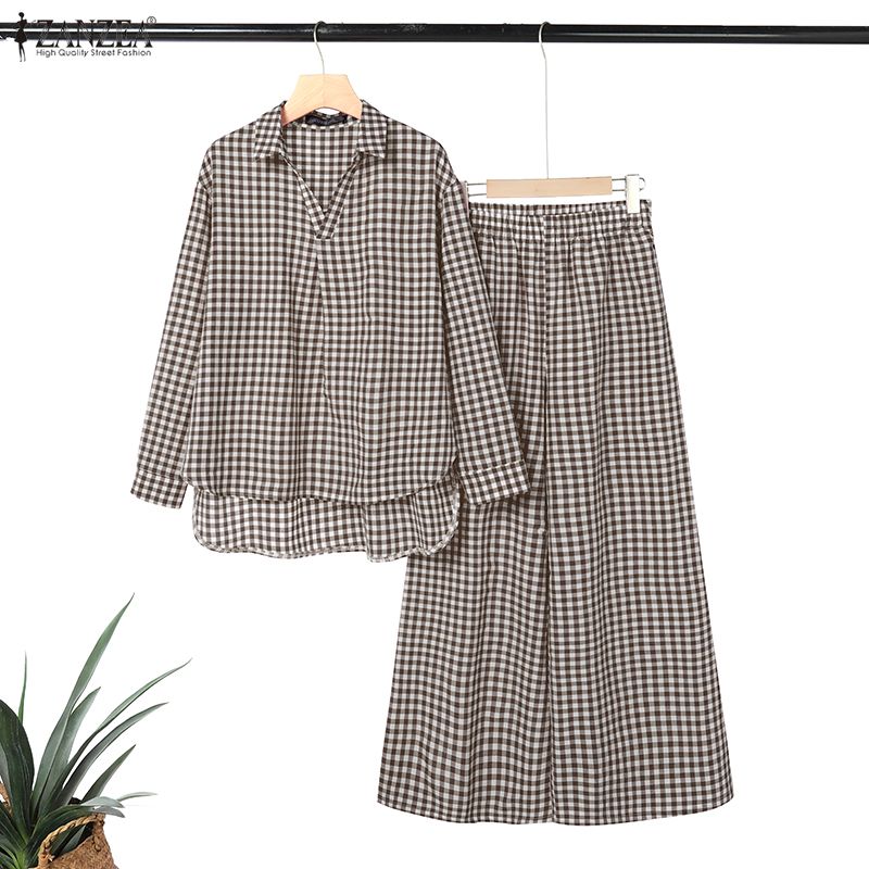 ZANZEA Women's Gingham Pant Su - Shirt Camp Collar ulasan dan harga