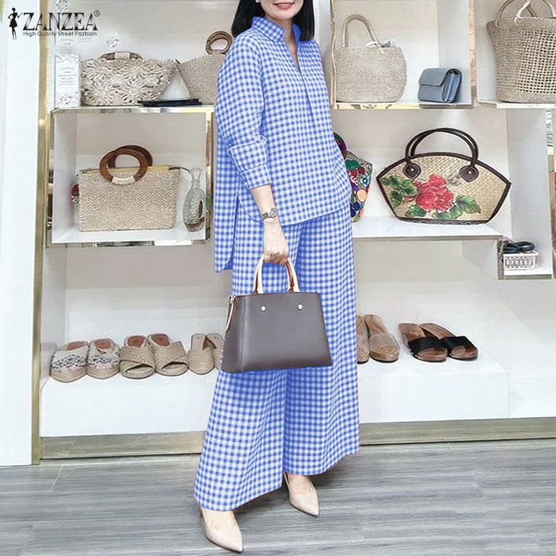 ZANZEA Women's Gingham Pant Su - Shirt Camp Collar ulasan dan harga