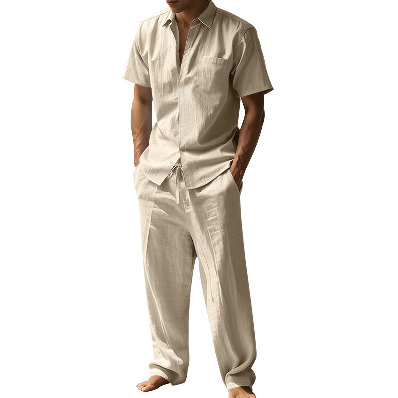 Summer Linen Lapel Short-Sleev - Short Linen Drawstring ulasan dan harga