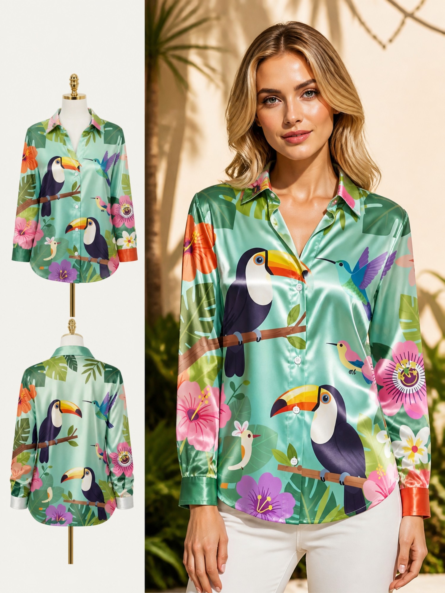Mint Toucan Satin Button Shirt - Resort Shirt Floral ulasan dan harga