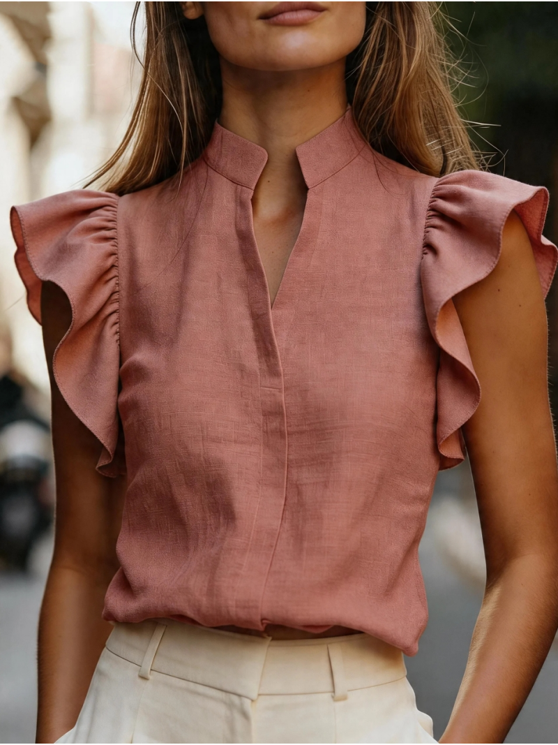 Sleeveless Ruffle Sleeve Top S - Shirt Camp Collar ulasan dan harga
