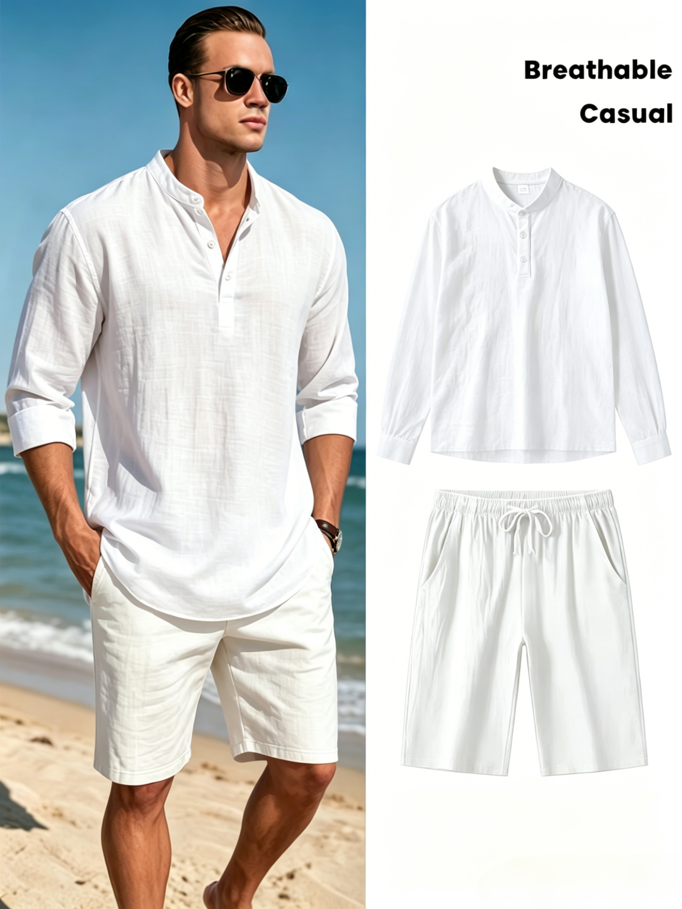 Men's Cotton Linen Henley Shir - Linen Shirt Breathable ulasan dan harga