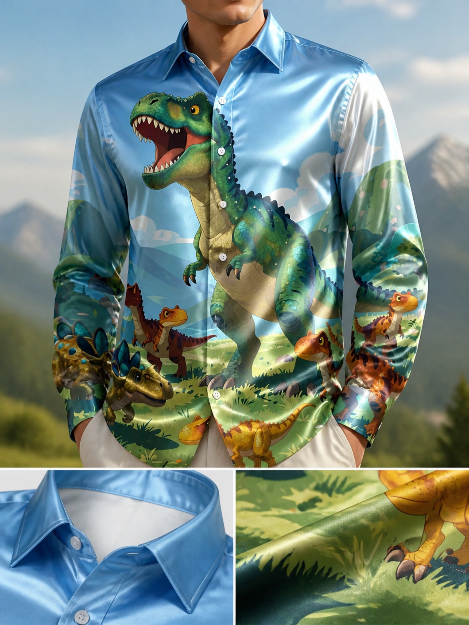 Mens Fashion Satin Long Sleeve - Resort Shirt Floral ulasan dan harga